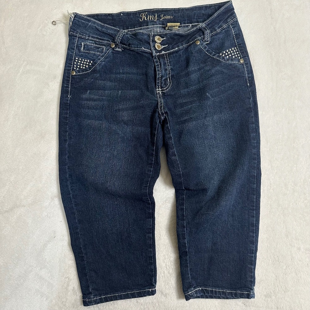 KMJ Jeans Dark Wash Capri Pants Size 9 Rhinestone Studded Y2K Double Button